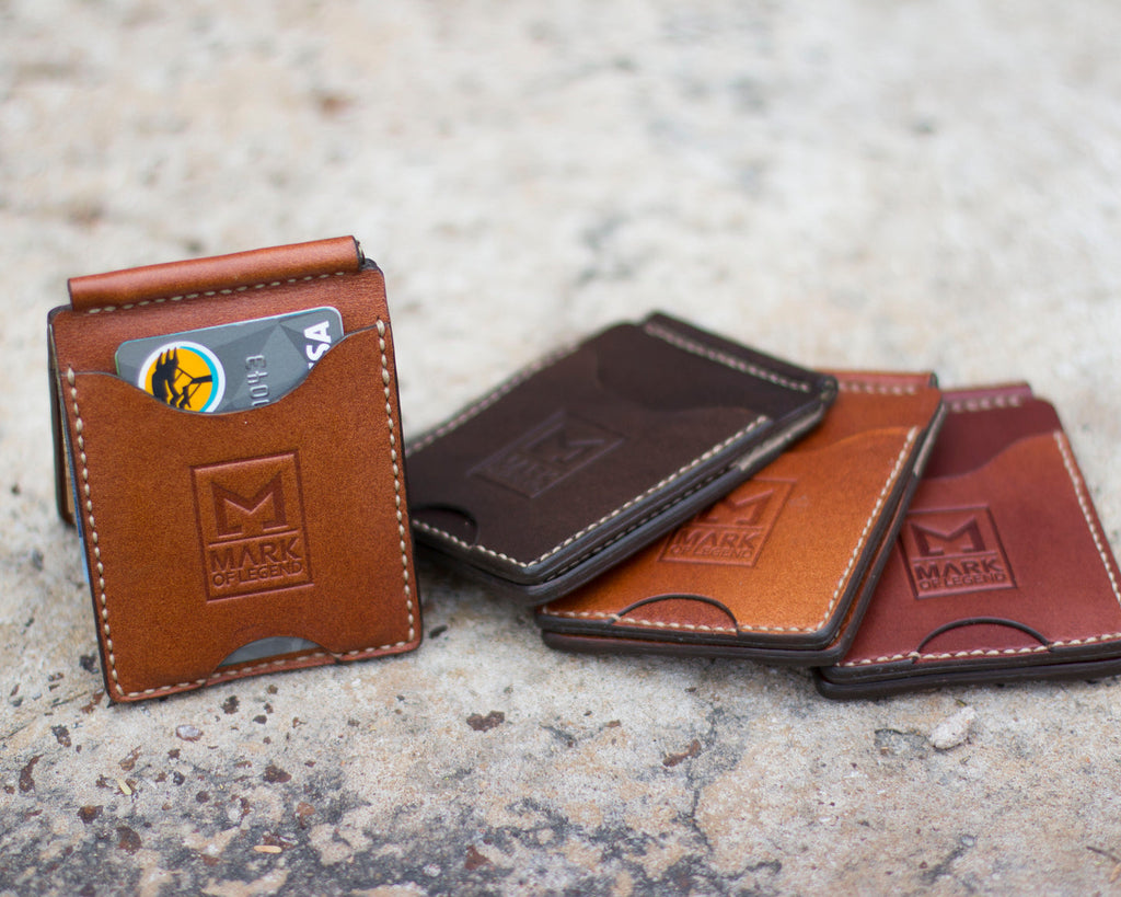 Compact handmade leather moneyclip wallet by Mark of Legend, available from Yisipho in Tan, Brown and Chocolate.