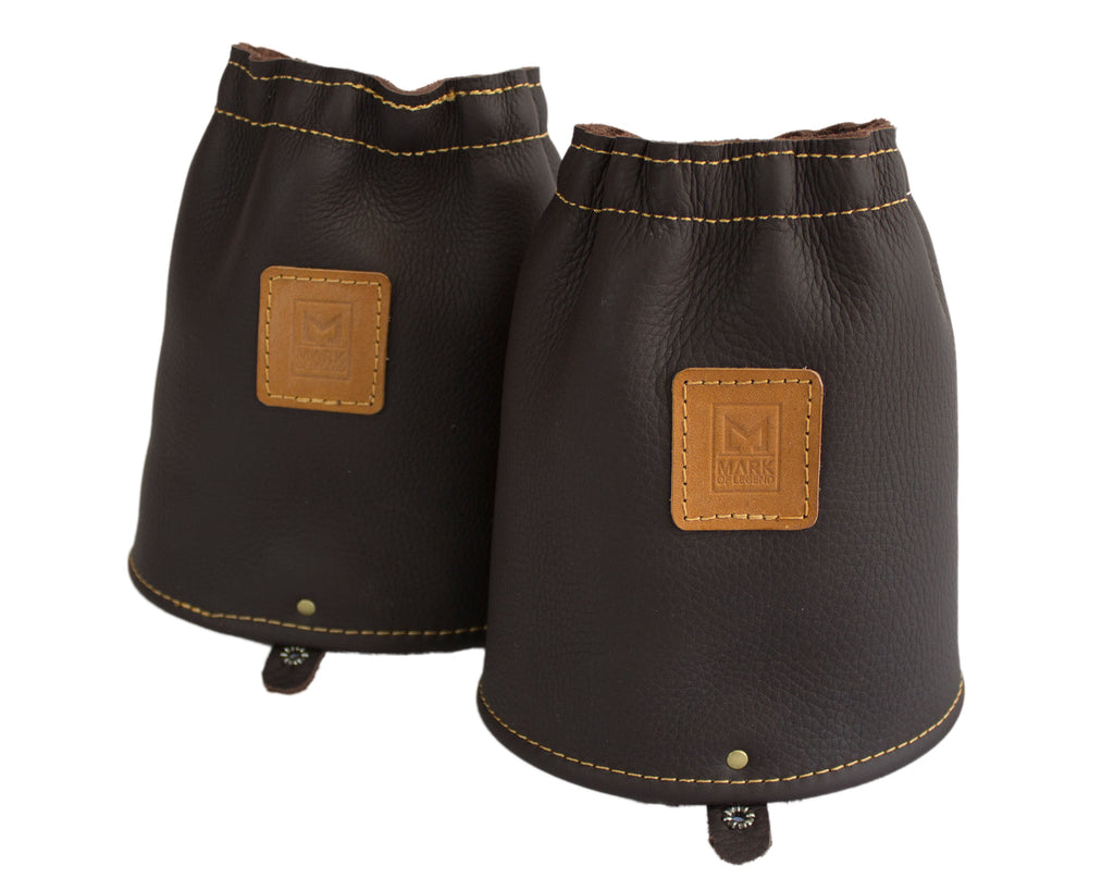 Handmade full-grain leather gaiters by Mark of Legend, available from Yisipho in Dark Brown or Tan and three sizes.